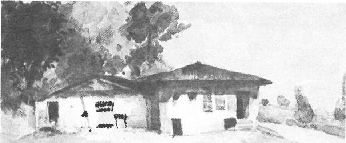 Watercolour — rural house with trees