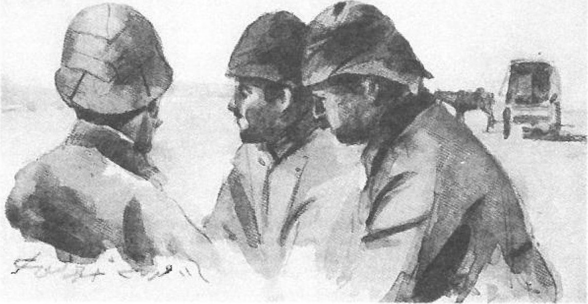 Watercolour — three soldiers in helmets